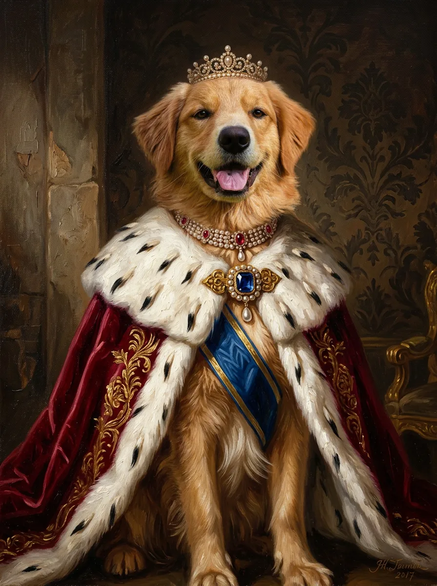 A dog transformed from a phone photo into a Renaissance-style canvas portrait
