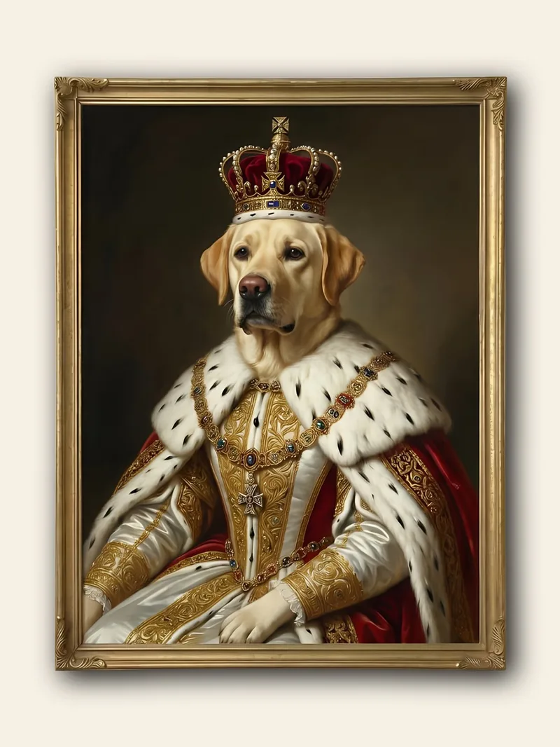 Renaissance-style custom dog portrait in a heritage frame