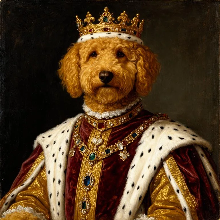 Custom royal-style pet portrait of a dog in regal attire, archival canvas
